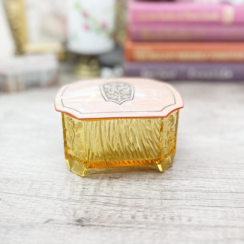 Vintage Vanity Glass Powder Jar, Pink Container, Trinket Dish